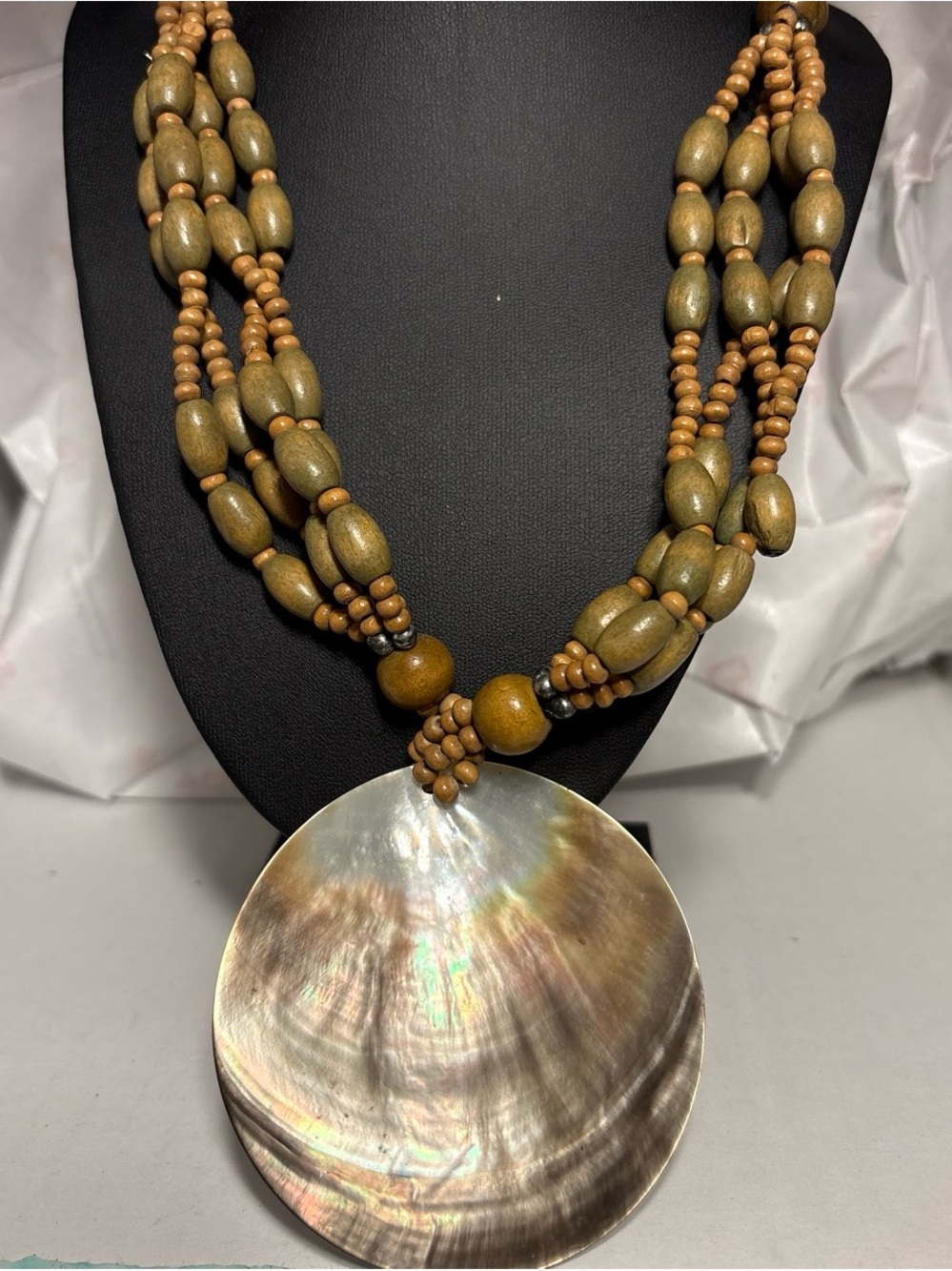 Handcrafted Brown and Green Wood Bead Necklace with Mother-of-Pearl Pendant